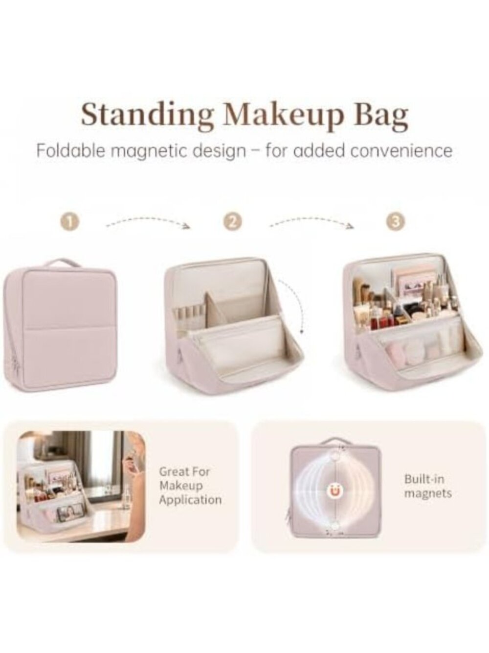Stylish Travel Makeup Bag - Folding Leather Cosmetic Organizer with Handle - Picture 7 of 7